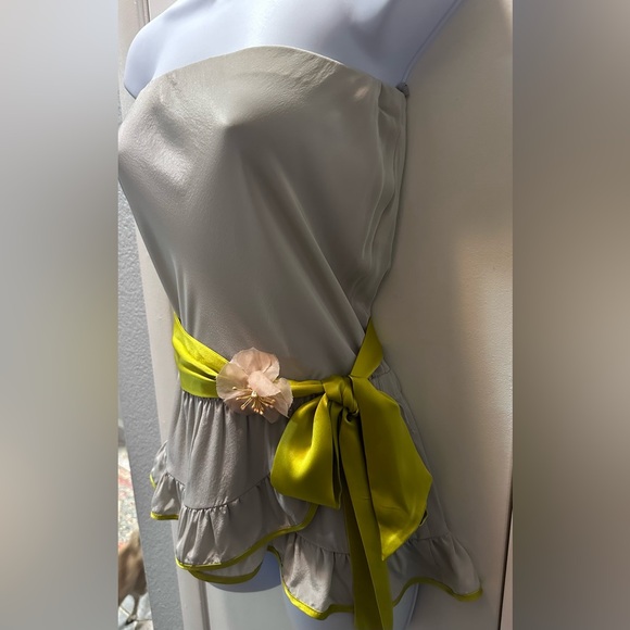 FOLEY Silk Gray Silver & Yellow Green Ruffle Tube Top Size Medium NWT $246 - Picture 4 of 7